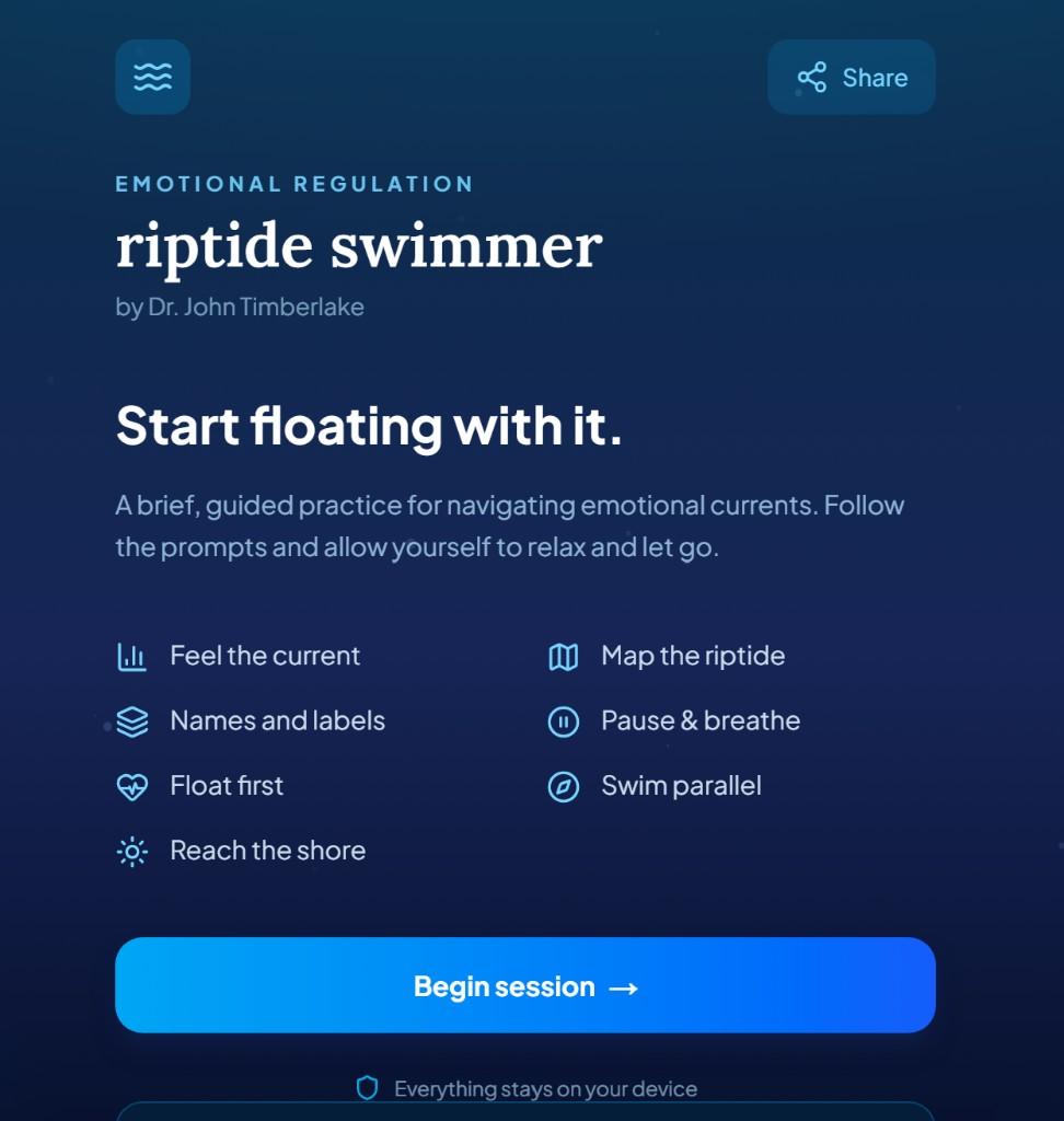 Riptide Swimmer intro screen showing the seven steps and a Begin session button